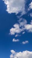 White light soft clouds flying in the sky. Sunny day background. Low angle view. Timelapse. Vertical video