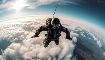 ai generado uno persona volador alto en el cielo, extremo regocijo generado por ai foto