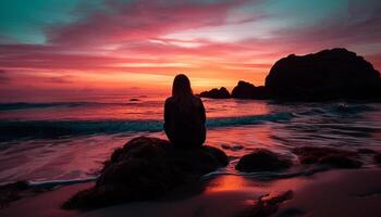 ai generado un sereno mujer medita en un tranquilo playa a puesta de sol generado por ai foto