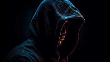 AI generated Mysterious thief in dark clothing hides in black background generated by AI photo