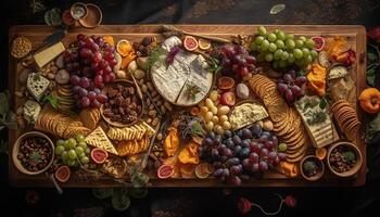 AI generated Gourmet meal fresh fruit, bread, cheese, and wine on table generated by AI photo