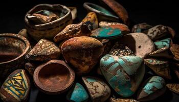 AI generated A large group of ancient turquoise bracelets, a beautiful arrangement generated by AI photo