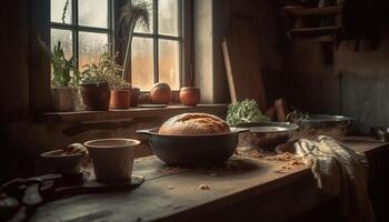 ai generado hecho en casa rústico comida Fresco vegetal un pan cocido en antiguo horno generado por ai foto