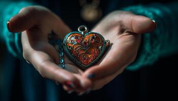 ai generado joven mujer participación un corazón conformado piedra preciosa pulsera, simbolizando amor generado por ai foto
