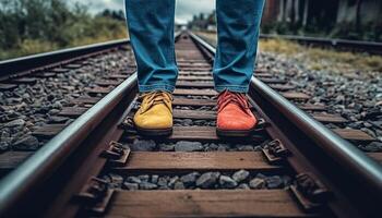 AI generated Young adults walking on railroad tracks, waiting for an adventure generated by AI photo