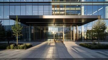 AI generated Modern Office Building Reflecting Sky and Surrounding Structures Captured with 50mm Lens Emphasizing Geometric Facade Patterns photo