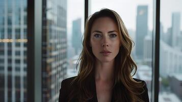 AI generated Confident Businesswoman Graces Sleek Office Gazing at City Skyline Through Large Window Captured with Dynamic 50mm Lens photo