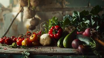 ai generado vibrante vegetales un de cerca vislumbrar de Fresco Produce en rústico de madera mesa en suave natural ligero foto