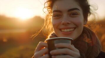 AI generated Morning Bliss Young Woman Smiles with Coffee in Hand Bathed in Soft Sunrise Glow 50mm Lens Focus photo