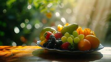 AI generated Vibrant Fruit Platter on Rustic Table Macro Shot Emphasizes Colorful Berries photo