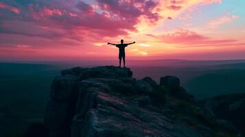 ai generado abrazando cambio silueta en rocoso acantilado tomando el sol en amanecer elástico resplandor foto