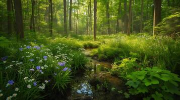 ai generado tranquilo bosque oasis sereno iluminado por el sol aguas yoga y flores silvestres invitación paz y reflexión foto