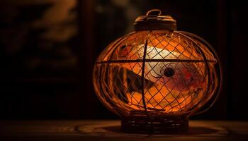 AI generated Antique lantern illuminates rustic table, glowing with old fashioned warmth generated by AI photo