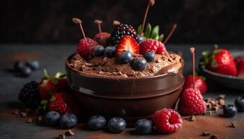 AI generated Homemade dessert chocolate cheesecake with fresh berry indulgence generated by AI photo