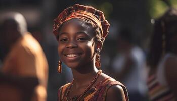 ai generado joven africano mujer sonriente, mirando a cámara, radiante felicidad generado por ai foto