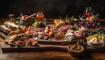 AI generated Rustic wood table, variety of gourmet meats, fresh fruit generated by AI photo