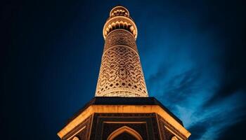 ai generado majestuoso alminar ilumina antiguo mezquita, simbolizando espiritualidad y cultural historia generado por ai foto