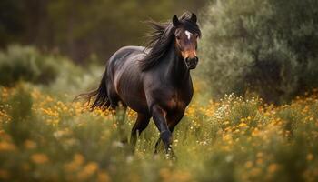AI generated Running stallion in meadow, showcasing beauty in nature and freedom generated by AI photo