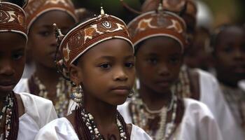 AI generated African children in traditional clothing celebrate indigenous culture outdoors generated by AI photo