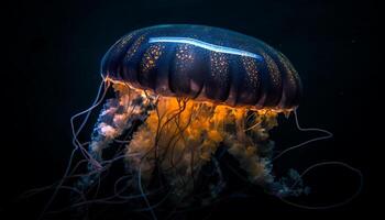 AI generated Glowing, translucent moon jellyfish swim in the deep, blue sea generated by AI photo