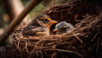 ai generado linda bebé pájaro escotillas en naturaleza, rodeado por familia generado por ai foto