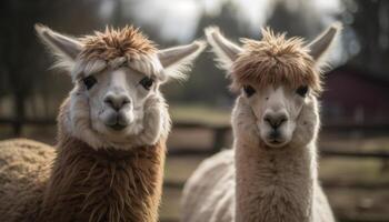 ai generado linda alpaca y Burro pasto en naturaleza, sonriente a cámara generado por ai foto