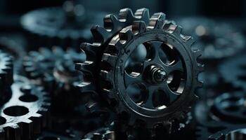 AI generated Teamwork in industry machinery turning, interlocked gears, manufacturing equipment, close up generated by AI photo