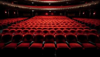 AI generated Empty auditorium, comfortable chairs, stage set for theatrical performance generated by AI photo