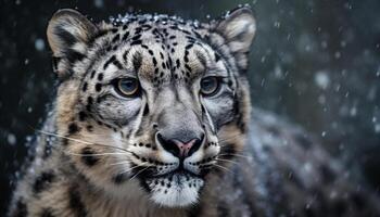 ai generado nieve leopardo curioso, cerca arriba, salvaje belleza en naturaleza generado por ai foto