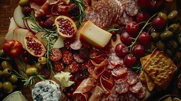 ai generado estilizado charcutería tablero vitrinas clasificado quesos carnes galletas y frutas en rústico de madera servicio tablero foto