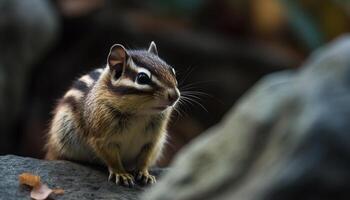 AI generated Cute chipmunk sitting on rock, looking at camera in forest generated by AI photo