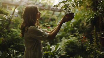 AI generated Woman Embraces Serene Moment With Potted Plant Bathed in Soft Natural Light photo