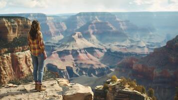 AI generated Contemplative Woman Overlooks Vast Mountain Landscape Captured in Medium Shot with 50mm Lens photo