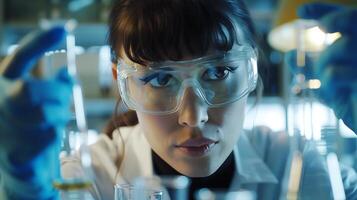 AI generated Female Scientist Conducts Research with Microscope and Test Tubes in Lab Setting photo