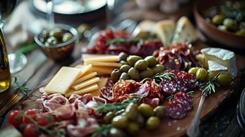 AI generated Artfully Arranged Charcuterie Board Displays Assorted Cheeses Meats Fruits and Nuts in Soft Natural Light photo