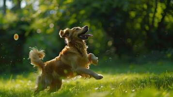 ai generado dorado perdiguero saltos para alegría con frisbee en lozano verde parque capturado en de cerca con un 50 mm lente foto