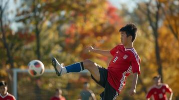 ai generado fútbol jugador ejecuta aire patada con determinación en frente de aplausos aficionados foto