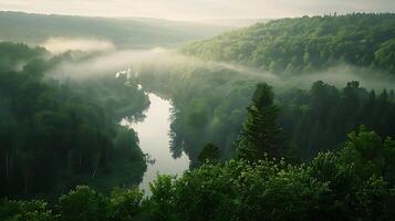 AI generated Sunlit Forest Canopy Lush Greenery and Dappled Shadows Illuminate the Woodland Landscape photo