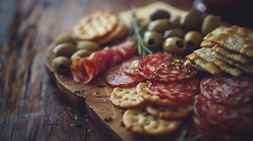 AI generated Exquisite Charcuterie Board Displayed Against Rustic Background Illuminated by Soft Natural Light photo