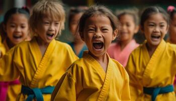 ai generado sonriente niños practicando taekwondo, aprendizaje yo defensa y teniendo divertido generado por ai foto