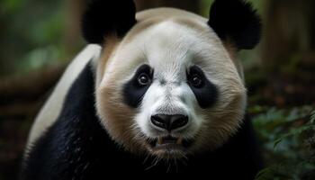 ai generado linda panda comiendo bambú en el salvaje, mirando a cámara generado por ai foto
