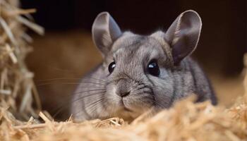 AI generated Cute fluffy baby rabbit sitting on hay in nature generated by AI photo