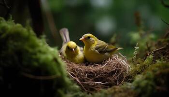 ai generado linda joven pájaro encaramado en rama, rodeado por naturaleza generado por ai foto