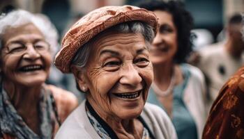 ai generado sonriente personas mayores al aire libre, felicidad en grupo, mirando a cámara generado por ai foto