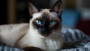ai generado linda gatito sentado en sofá, mirando a cámara con azul ojos generado por ai foto