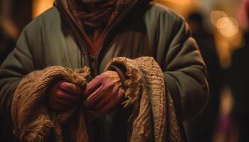 AI generated One person holding a wool glove, outdoors in winter generated by AI photo