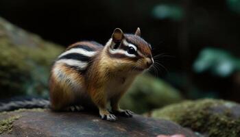 AI generated Cute chipmunk sitting on tree, eating, looking at camera generated by AI photo