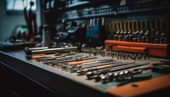 AI generated Close up of metal tools in a carpentry workshop generated by AI photo