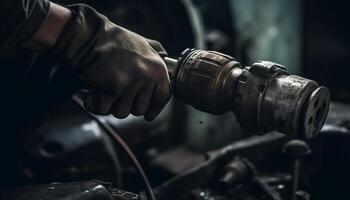 AI generated Men repairing car in workshop using mechanic equipment for service generated by AI photo