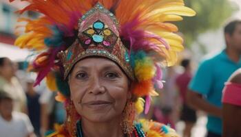 ai generado un alegre brasileño carnaval celebracion con vistoso tradicional ropa generado por ai foto